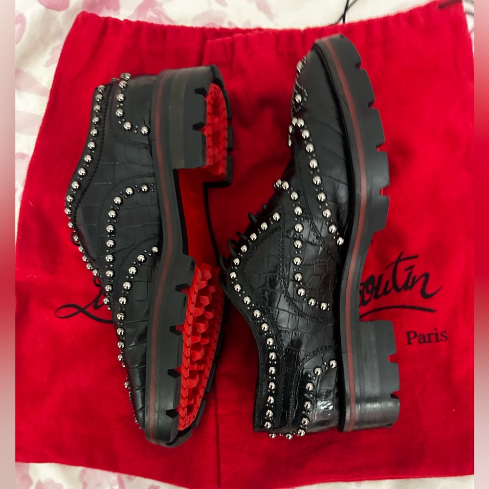 Christian Louboutin Black croc embossed leather and Silver Studded Oxfords - Picture 7 of 9